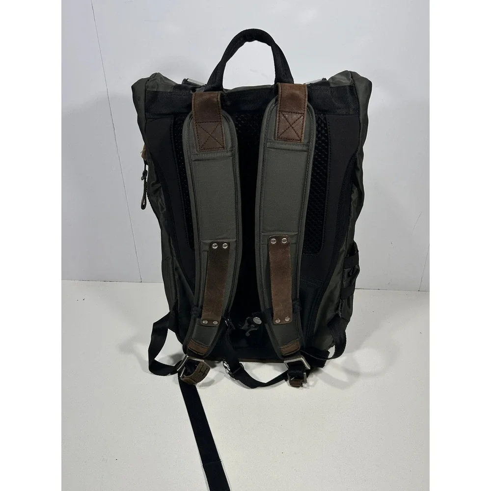 Timbuk2 Roll Top Backpack Olive Green Nylon Brown Leather Trim Laptop Sleeve